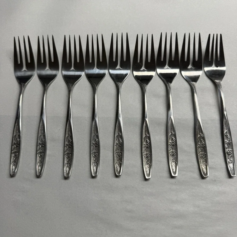 9 Vintage Customcraft CUS1 Salad Dessert Forks Roses Stainless Steel Flatware
